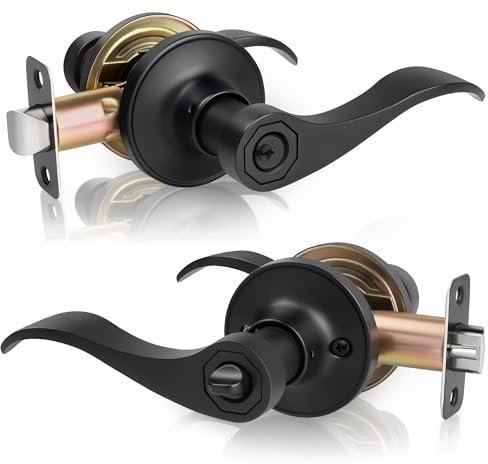 Gaurqiah Wave Style Entry Door Handle with Keys, Keyed Door Lever with Lock for Front/Entrance in Matte Black Finish, Reversible Door Lever for Left/Right Doors