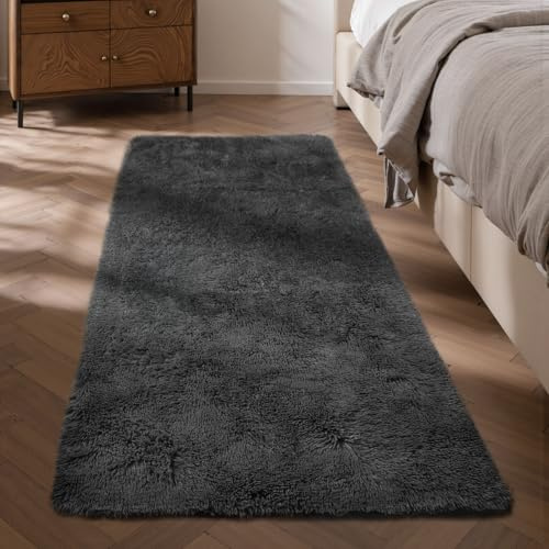 Treeboy Hochflor Teppiche Grau Teppich Wohnzimmer 60x120 Waschbar | Rutschfest Schlafzimmer Teppich Waschbar Flauschiger Wohnzimmerteppiche Zottelige Weich Teppiche für Kinder Wohnzimmer Läufer