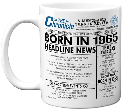 Stuff4 61st Birthday Mug Gift for Women and Men, Born in 1965 Newspaper | Happy 61 Birthday Gifts for Mum or Dad Uncle Aunt Vintage Retro Back in 1965 Age 61 Bday, 11oz Ceramic Coffee Mugs