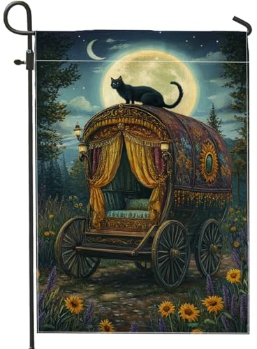 Bandera de jardín con diseño de gato místico, decoración de carrito gitano con luz de luna, decoración al aire libre, bandera de arpillera de doble cara para otoño, Halloween, celebración de 12 x 18