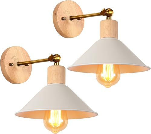 2 Stücke Wandleuchte Industrielle Wandlampe Innen E27 Wandstrahler Vintage Wand Lampen Retro Ø22 cm 180° Einstellbar Stecker aus Metall und Holz Wandbeleuchtung für Wohnzimmer Schlafzimmer Küche Flur