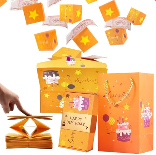 14PCS Regalos en efectivo para cumpleaños,caja sorpresa DIY mejorada, caja explosión pop-up de feliz cumpleaños,caja regalo para cumpleaños para padres, amantes y amigos (naranja)