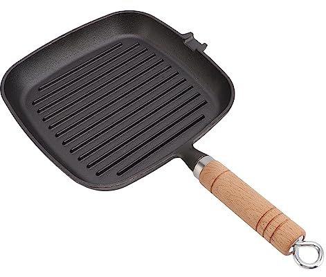 Fyearfly Padella in ghisa con manico in legno, padella antiaderente per carne, bistecca, pesce