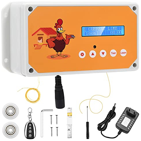 Jradse Abrepuertas Automático para Gallinero con Temporizador y 2 Mandos a Distancia, Sistema de Elevación de Puerta IP65 Impermeable para Gallinas, con Alimentación por Batería o Solar