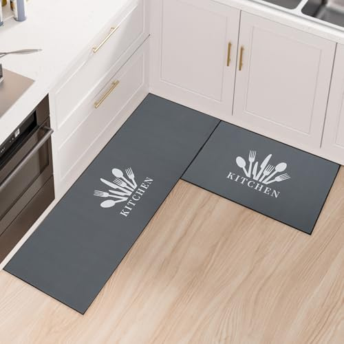 7VSTOHS 2 Piezas Alfombra De Cocina y Alfombrilla Antideslizante Lavable a Máquina Alfombrilla Moderna para Cocina, Comedor, Escritorio De Pie Protección Suelo Fácil Limpiar(Gris,43×75+43×150cm)