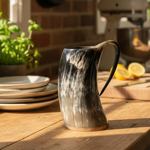ukgiftstoreonline Handcrafted Viking Drinking Horn Tankard, Authentic Ox Horn, 500-700ml, Wooden Base, Food-Safe Lacquer, Gift for Him