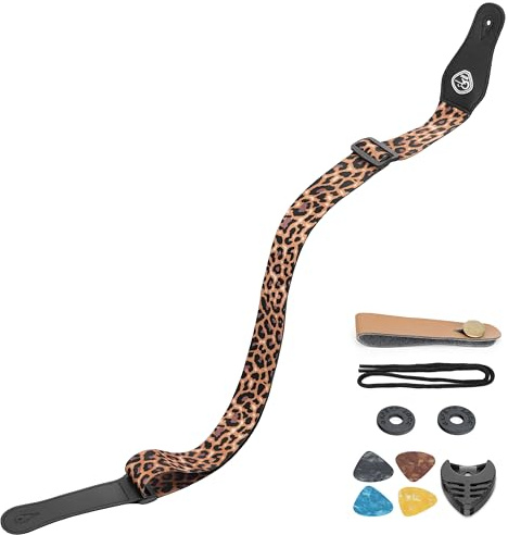 Sunya Nylon-Gitarrengurt, 5 cm breit mit Vollnarbenleder-Enden, inkl. Gummi-Strap-Locks und Picks, verstellbar 88–145 cm für Akustik-, E- und Bassgitarren