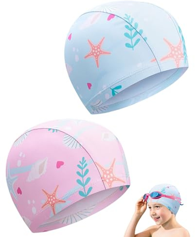 ZKUNL Gorros de Natación para Niños 2 Piezas, Gorros de Piscina Poliéster Suaves para Niñas y Niños,Tela Elásticos, Rosa y Azul, Edad 1 a 6 Años