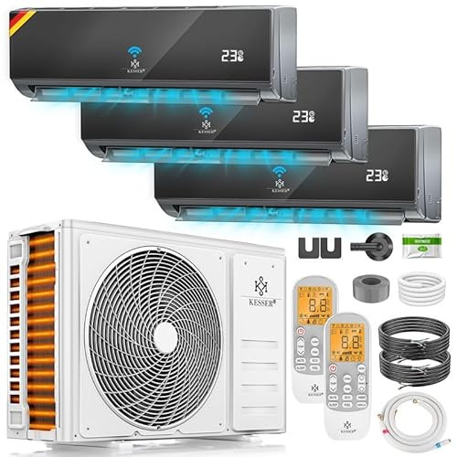 KESSER® Multisplit Klimaanlage 3 Innengeräte, 27000 BTU, Split Klimagerät Set mit WiFi/App, Heizen & Kühlen, Inverter, Eco-Modus, Luftentfeuchter & Ventilator, sehr leise, R32, Montagematerial