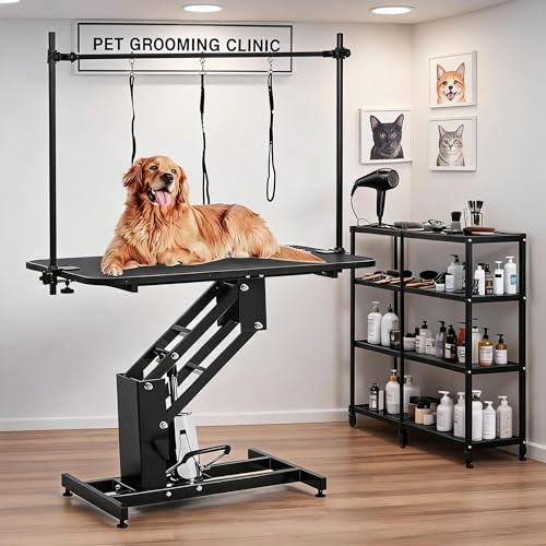 GarveeMore Hydraulischer Hundepflegetisch 110 cm – Höhenverstellbar 56–99 cm – Tragkraft 159 kg für große und kleine Hunde – Professioneller Pflegetisch mit Rutschfester PVC-Oberfläche