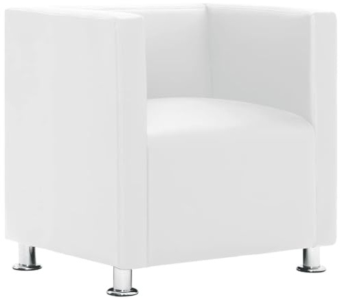 PUGYNBK Classica poltrona a cubo in ecopelle bianca con gambe in metallo, schienale rialzato e imbottitura resistente, ideale come sedia da visita o da lettura per i più esigenti