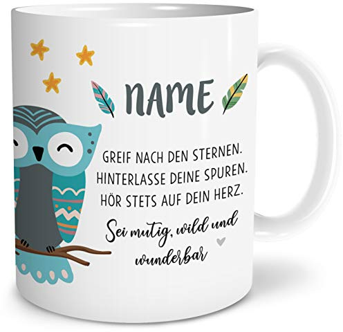 OWLBOOK® Personalisierte Boho Eule Kinder Tasse, Keramik, 300 ml, Geschenkidee für Kinder, Junge, Mädchen zum Geburtstag, Schulanfang, Kindertasse