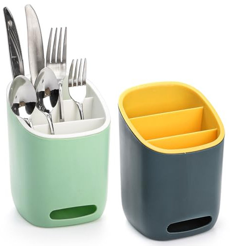 Hacaroa 2 Pack Plastic Kitchen Utensil Holder Cultery Drainer Caddy, 3 Divided Silverware Holder Drying Utensil Crock, Sink Countertop Flatware Organizer for Spoons, Forks, Knives, 2 Colors