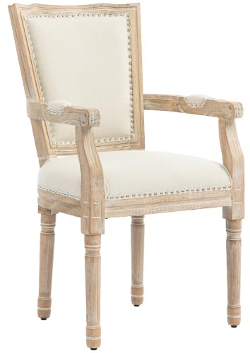HOMCOM Esszimmerstuhl mit Rückenlehne, Leinenoptik, Holzbeine, Cremeweiß | Küchenstuhl, Dick Polser, Sessel Polsterstuhl im Vintage Design, Wohnzimmerstuhl für Esstisch