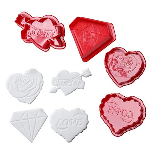 4pcs Valentinstag Liebe Paar Rose Diamantkeks Cutter Cutters Cookie Stempel Kolben Cutter Fondant Formen Präge Frühlingsform Präge