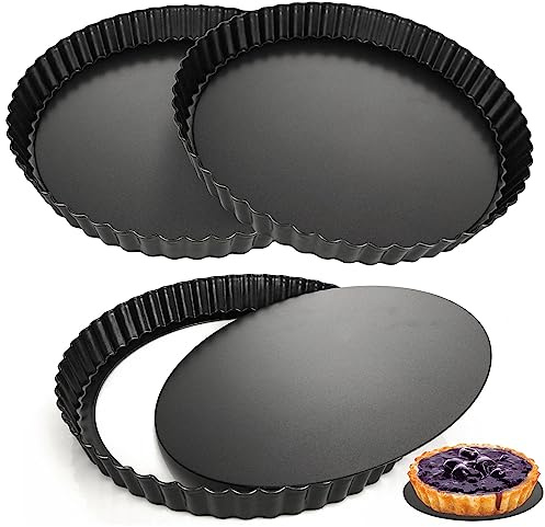 WOPPLXY Lot de 3 moules à tarte ronds de 22 cm avec fond amovible – Moule à tarte rond de 20,3 cm avec base amovible – Plat anti-adhésif pour la cuisson, la pizza, le fromage et la tarte aux fruits
