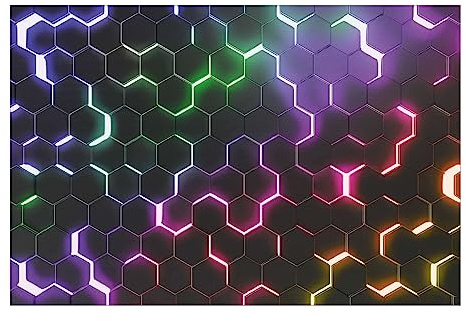 Bilderwelten Fototapete Gaming Struktur Hexagone mit Neonlicht 225 x 336 cm Vlies-Tapete XXL Smart Wandtapete Wanddekoration Wohnzimmer Schlafzimmer