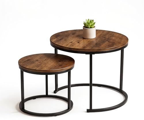 SG Traders Round Nesting Coffee Table Set - Wooden Nest of Tables, Stackable Round Coffee Table for Living Room, Industrial, Stylish Nested Tables - Set of 2 (Rustic Wood)