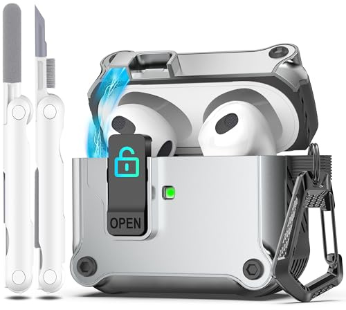 R-fun Kompatibel mit AirPods 3rd Generation 2021 Ladecase Abdeckung, Full Drop Protection Auto Pop-Up Deckel Kompatibel mit Apple Airpod 3-Gen Fall mit Cleaner Kit Schlüsselanhänger,Silber