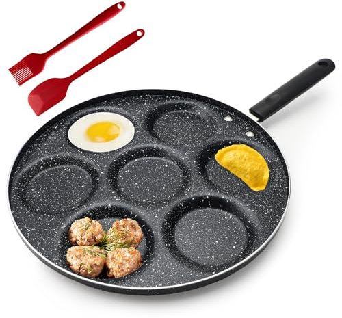 AstraLoom 7-Hole Non-Stick Breakfast Pan, 30cm Mini Pancake & Egg Pan for Muffins, Sausage Patties & Sunny-Side-Up Eggs｜for Gas & Ceramic Hobs｜with Scraper & Oil Brush