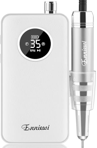 Enniewi Portable Nail Drill 35000RPM Rechargeable Electric Nail Drill Machine for Acrylic Nails Gel Polish, LED Display, Low Noise Low Vibration, 7 Drill Bits for Manicure Pedicure White