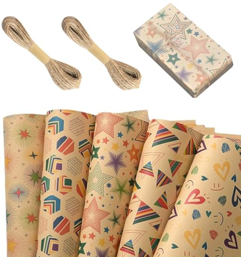 QOWUXHZ 5 Fogli Carta Regalo Carta Kraft Carta Regalo Compleanno Retrò Carta Da Pacchi Regalo Buon Compleanno Con Nastro Adesivo 2 Corde Di Canapa Per Natale Bambina Ragazzo 50 X 70 Cm