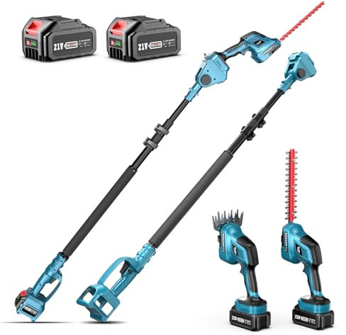 SEESII 3 in 1 Tagliasiepi a Batteria Telescopico, Tagliasiepi Elettrico con 2 * 4,0Ah Batteries, Raggio d'azione fino a 4,87 m, Lunghezza Lama 300 mm e 150 mm, Testa Angolata a 180°