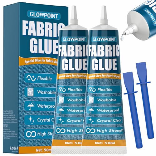 GLOWPOINT 100ml Fabric Glue, Extra Strong Fabric Glue for Clothes, Crafts, Upholstery, Material, Textile, Felt, and Badges, Clear, Machine Washable, No Sew Permanent Bond Fabric Adhesive 2 Pack