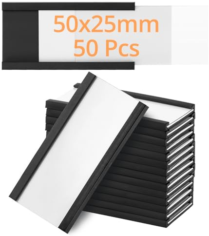 QWORK® 50-pack magnetisk etiketthållare – 25 mm x 50 mm – återanvändbar och väderbeständig med skyddande film – magnetiska namnetiketter för metallhylla, skåp, whiteboard