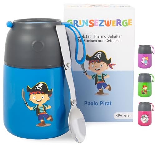 GRINSEZWERGE Kinder Thermobecher 500ml für Speisen und Getränke | Edelstahl Thermobehälter für Essen | Warmhaltebehälter Babybrei | Müslibecher | Thermo Lunchbox Pirat