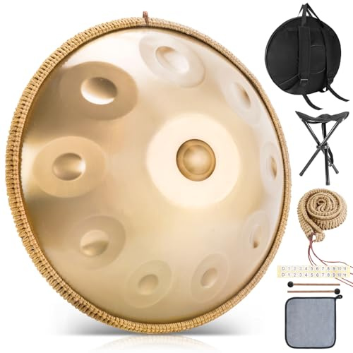 Instrumento Handpan BIILOYY 432 Hz, 10 tonos 22 pulgadas Handpan Drum, Hand Pan en re menor, Gold Performer tambor de lengüetas con bolsa, baquetas, soporte, para principiantes, profesionales