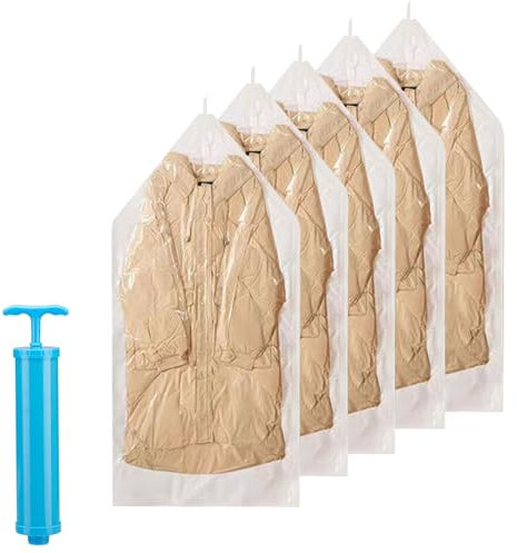 Sacchetti Sottovuoto Vestiti da Appendere, Sacchi Sottovuoto Piumoni con Pompa, Buste Vestiti da Viaggio, Vacuum Bags Travel, Sacchetti Sottovuoto de 5 per Abiti Cappotti Giacche, 145x70cm