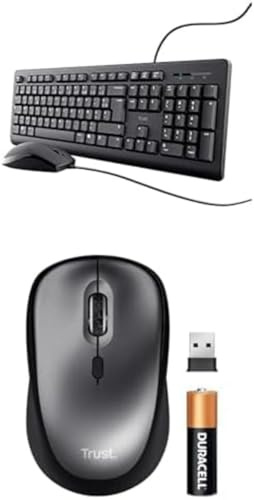 Trust Taro Pack Clavier et Souris Filaires AZERTY Français + Souris sans Fil Silencieuse avec Pile pour Gauchers et Droitiers, Mouse Compacte et Clavier PC Ordinateur Portable Windows Mac OS - Noir