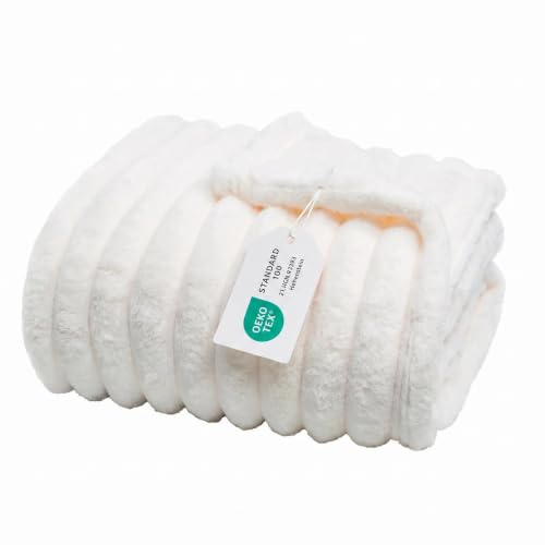 VANJOROY Fleece Large Throw Blanket for Sofa and Bed, 300GSM Lightweight White Blanket-130x160cm, 100% Microfiber Fluffy Fuzzy Ultra Soft Warm Cozy CreamThrow for Chair Travel Gift.