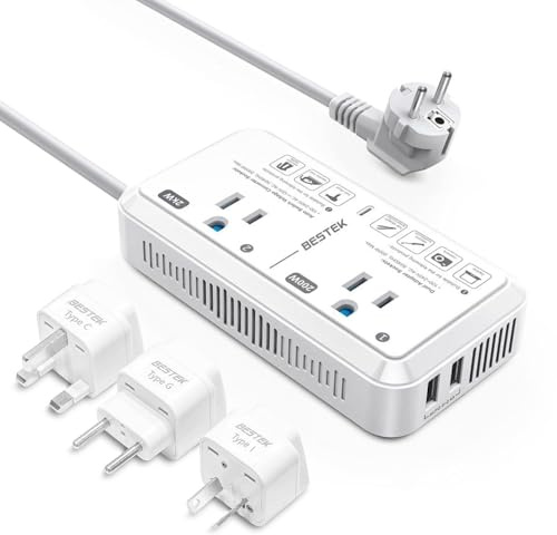 BESTEK Universal Travel Adapter Voltage Converter US to Europe 2000W 220V to 110V Converter with 2 USB Ports and EU/UK/AUS Plug Adapter for Hair Dryer/Curling Iron