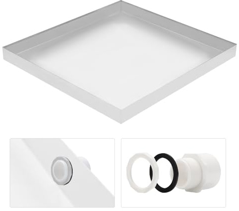Heavy Duty Washing Machine Drain Pan 19 Guage Thick Stainless Steel 32X30X2-1/2in, Including 1 Drain Fittings (Matte White)
