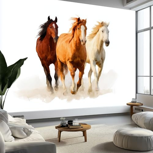 WTD - Carta da parati fotografica effetto 3D, 250 x 175 cm, motivo: animale, acquerello, tre cavalli bianchi, in materiale seta, colore: bianco, grande poster da parete per soggiorno, adulti