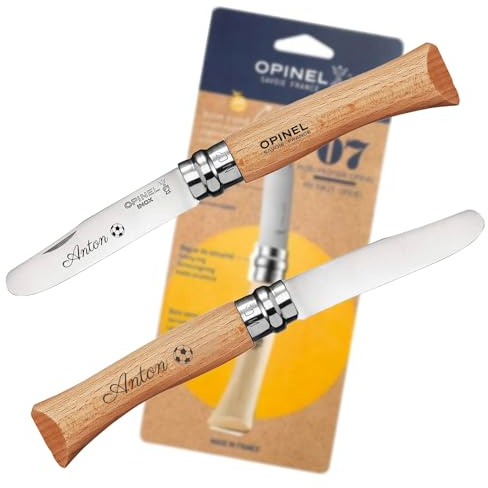 OPINEL Mein erstes Kindermesser mit persönlicher Gravur – sicheres Holzmesser für Kinder | vorne abgerundete Spitze | rostfrei | Virobloc | Geschenk (Natur)