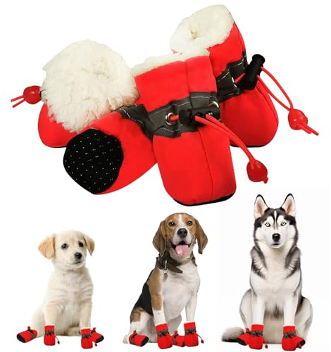 Hundeschuhe Winter, Plüsch Hundeschuh Pfotenschutz, Rutschfest Hunde Schuhe Winter Outdoor, Dog Shoes mit Reflektierendem Streifen, für Kleine-Mittlere Hunde Sport im Freien (Rot-Size 3)