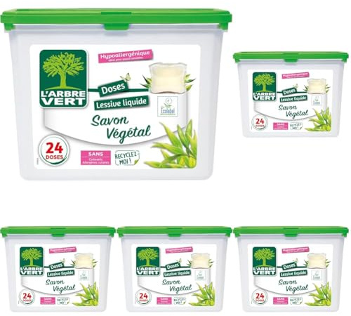 L'Arbre Vert Doses Lessive Liquide Ecolabel Savon Végétal - Hypoallergénique - 24 Doses (Lot de 5)