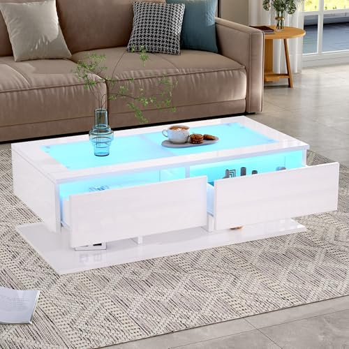 BTM Table Basse 100 x 50 x 35 cm, d'appoint laquée Brillante, de Salon avec tiroirs, avec éclairage LED, Plateau en Verre, Blanche