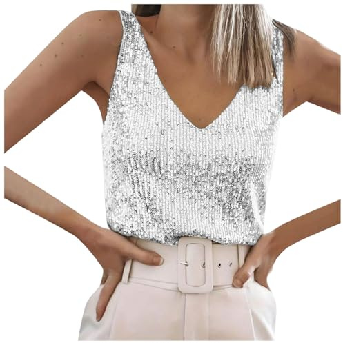 HUZIBO Bluse Damen Tanktops Pailletten Damen Glitzer Oberteile Tank Party Disco Weste Abend Glitzertop V-Ausschnitt Ärmelloses Top Spaghettiträger Blusen Mit Schimmernden