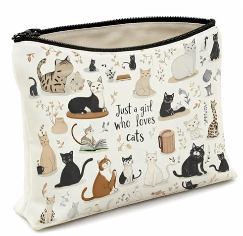 Waterproof Cat Print Makeup Pouch for Women - Canvas Toiletry Organiser & Portable Storage Bag for Accessories Brushes & Skincare - Travel Cosmetic Case Gift Idea for Girls Teenagers & Cat Lovers
