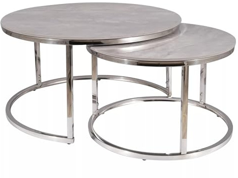 SIGNAL MEBLE PORTAFINO, Couchtisch, 2-teilig, Keramik-Tischplatte, Luxus Couchtisch Set, Chrom-Metallgestell, Ø80/60cm, Weiß/Chrom