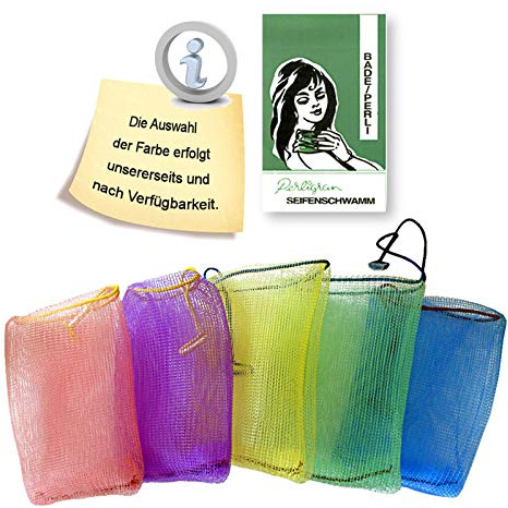 5 Stück Perligran Seifenbeutel Bade-Perli Seifenschwamm Seifennetz Badenetz Körperpflege Badeperli | Bade-Perli Seifensäckchen aus Kunststoffnetz, ca. 13 x 9 cm, ideal für Körperpflege und Peeling in 5 Farben