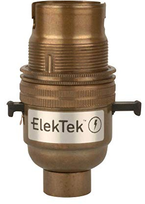 ElekTek Safety Switch Lamp Bulb Holder B22 BC Bayonet Cap & Shade Ring 1/2” 26TPI Threaded Bottom Entry Antique Brass Made in UK - Child Safe Switch Push Bar locks OFF & cuts power if no bulb fitted