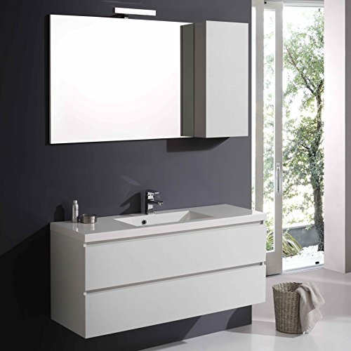 Kiamami Valentina - Mobile bagno sospeso 120cm bianco foresta, 2 cassetti, lavabo, specchio con pensile | Manhattan