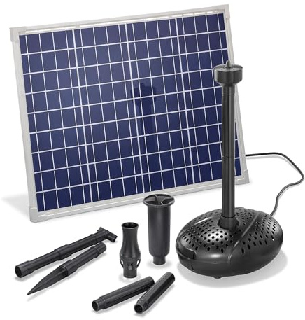 esotec Solar Teichpumpenset 50/2500 Solarbrunnen Fontäne Gartenteich 101917 | 50Wp Solarmodul, Teichpumpe 2500l/h 1,5m Förderhöhe, IP68, Trockenlaufschutz, 5m Kabel, 1/4 Zoll oder 25mm, 3 Fontänen, 18VDC