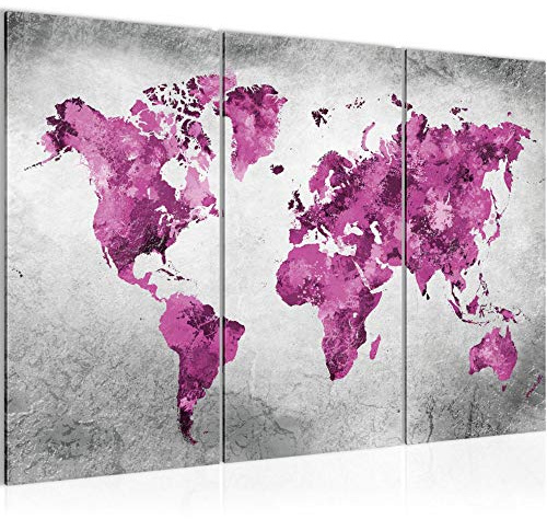 Runa Art Mappa Del Mondo Quadri Soggiorno Grande Rosa Grigio Vintage 120 x 80 cm 3 Pezzi Decorazione Murale 013331c