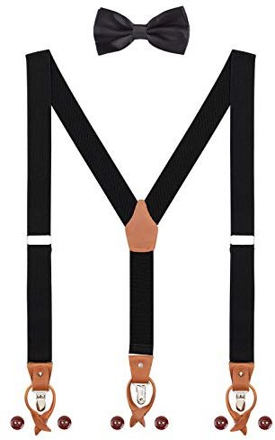 WANYING Herren Hosenträger Fliege Set 2 WAY TO WEAR 6 Leder Knopfloch 3 Clips Y-Form 3,5cm Breit Verlängerte Hosenträger für Körpergröße 160-200cm